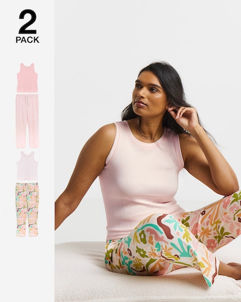 2 Pack Ribbed Racer Vest Pyjama Sets