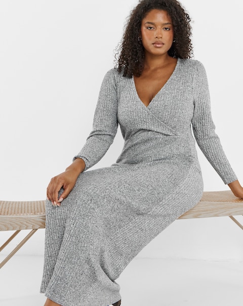 Grey Cosy Rib Wrap Front Midaxi Dress