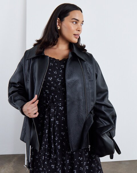 Black Relaxed Belted Faux Leather Biker Jacket