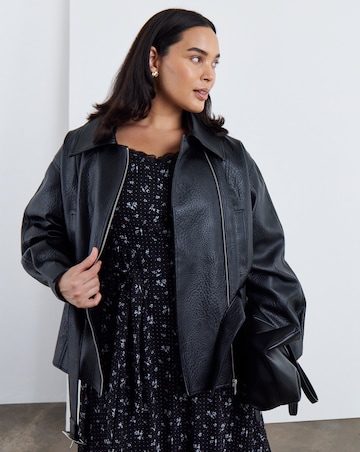 Black Relaxed Belted Faux Leather Biker Jacket