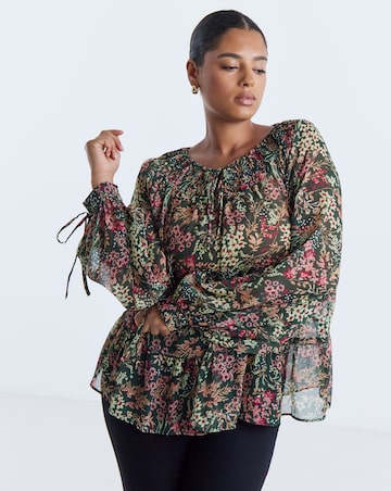 Simply Be Green Ditsy Print Shirred Neckline Long Sleeve Blouse