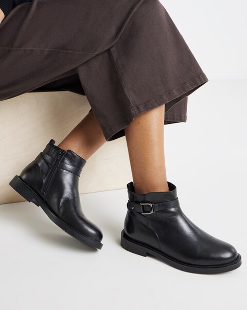 Jazz Leather Flat Buckle Ankle Boots - Extra Wide Fit (EEE)