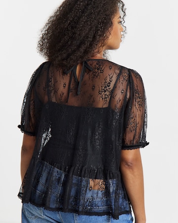 Simply Be Black Short Sleeve Lace Peplum Top