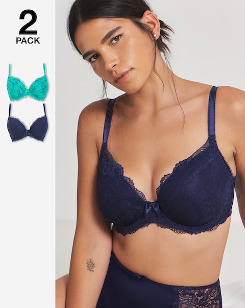 Pretty Secrets (2 Pack) Ella Lace Padded Plunge Wired Bras (B-F ) Aqua/Blue