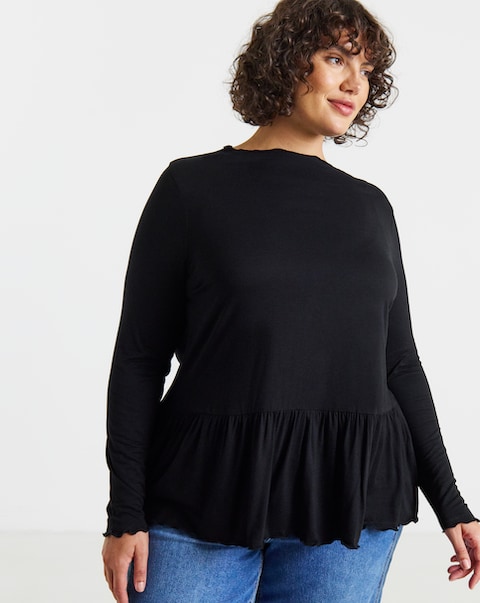 Simply Be Black Long Sleeve Peplum Top
