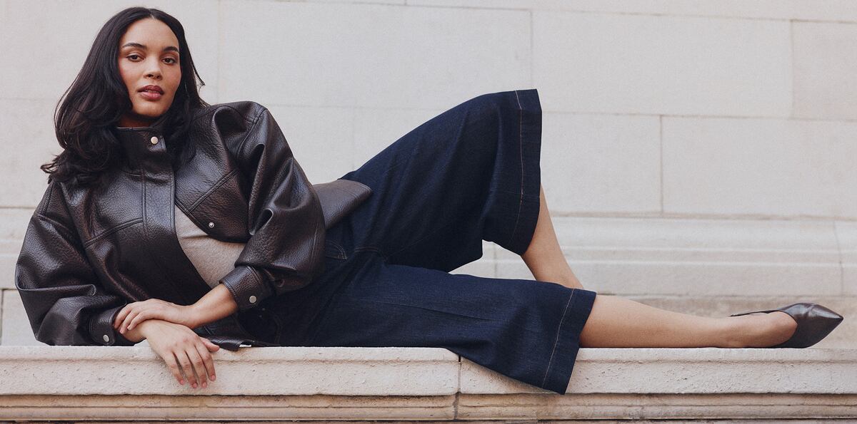Model wears new season leather jacket and culottes