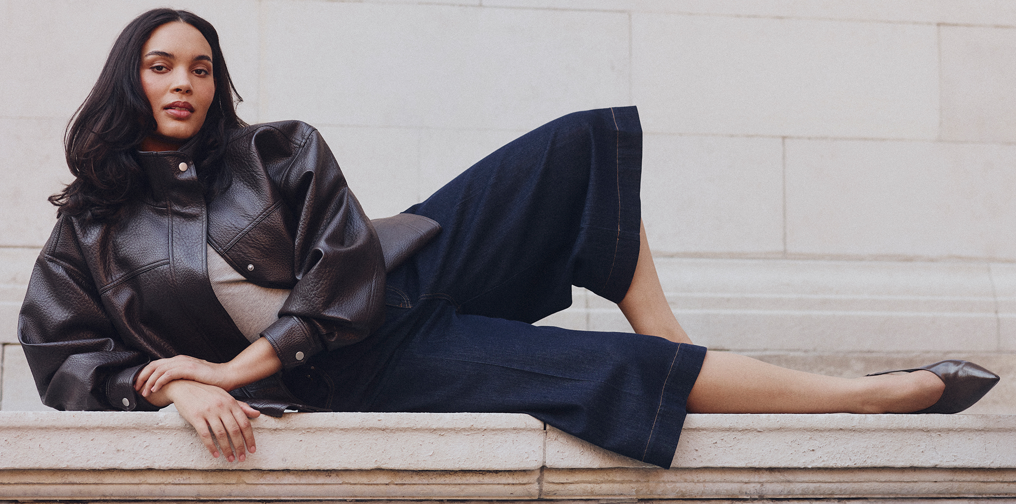 Model wears new season leather jacket and culottes