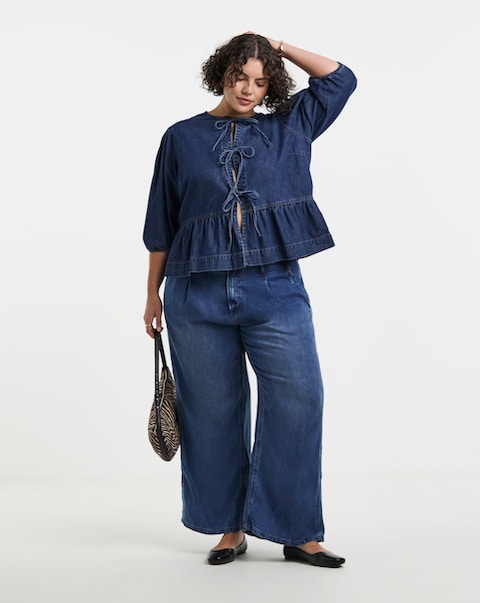 Simply Be Mid Blue Draped Lyocell Denim Wide Leg Jeans