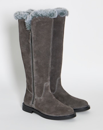 Chloe Suede Faux Fur Lined Flat Knee High Boots - Wide Fit (E) & Curvy Calf