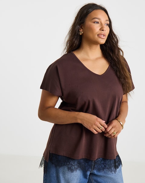 Simply Be Black And Brown Lace Hem T-Shirt
