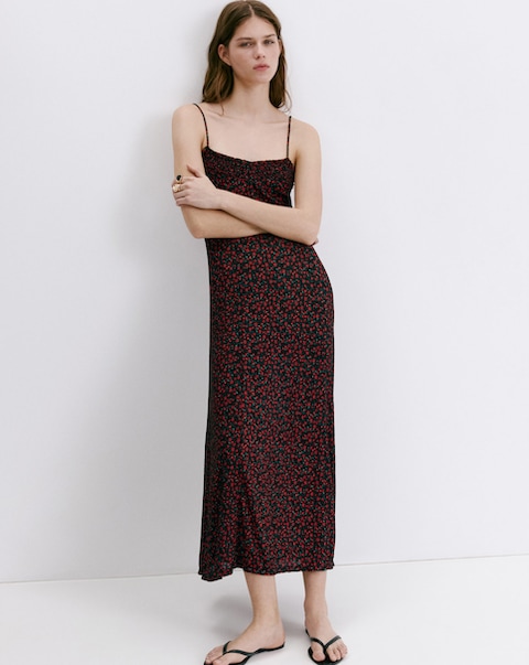 Mango Floral Midi-Dress With Gathered Neckline