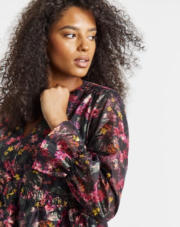Foil Black Floral Print V Neck Blouse with Elasticated Waist