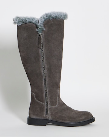 Chloe Suede Faux Fur Lined Flat Knee High Boots - Wide Fit (E) & Curvy Calf