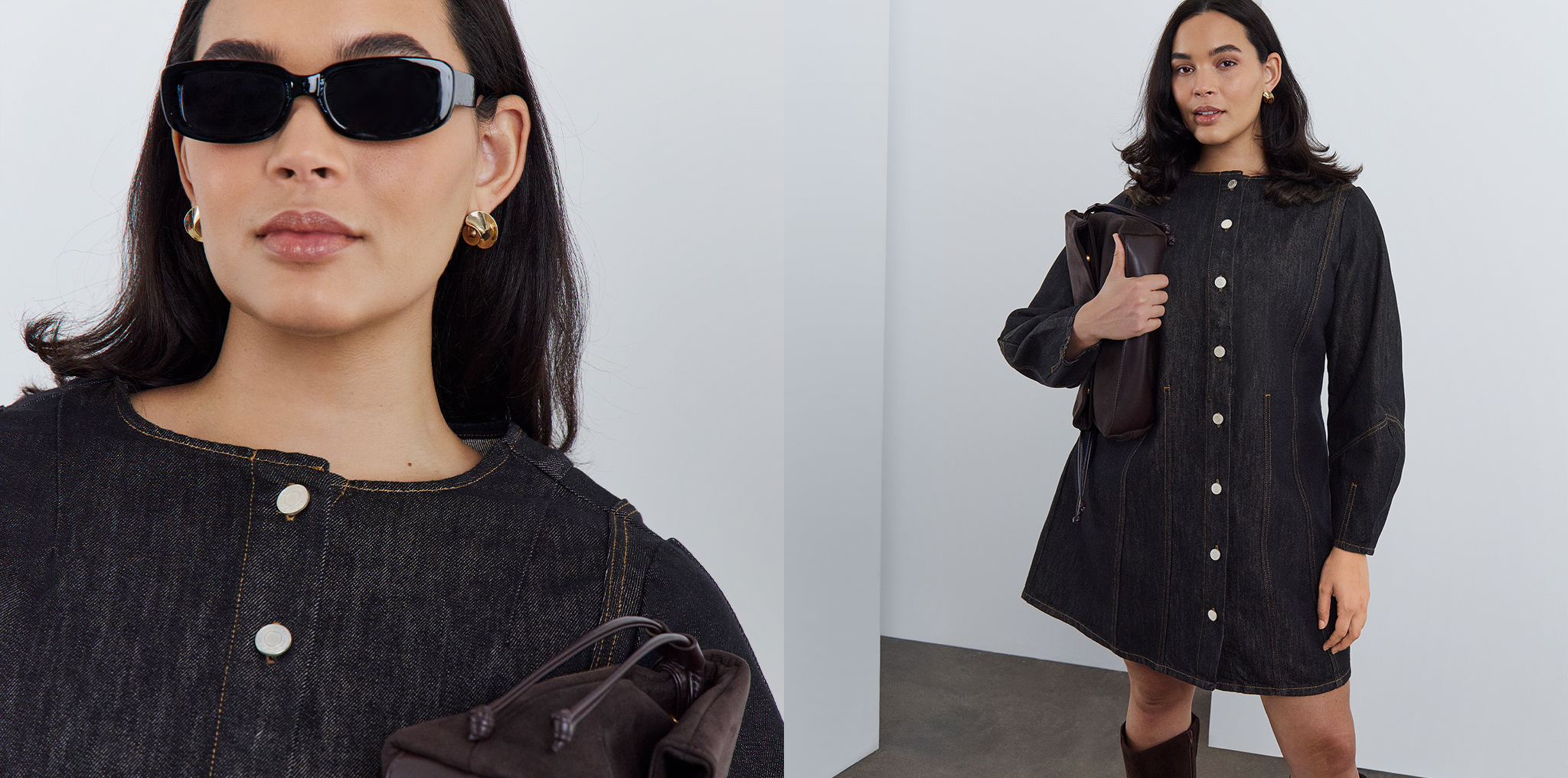 Woman wearing a black denim shirt dress with button detailing, sunglasses and a brown shoulder bag.