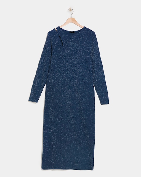 Blue Cut Out Glitter Rib Midi Column Dress