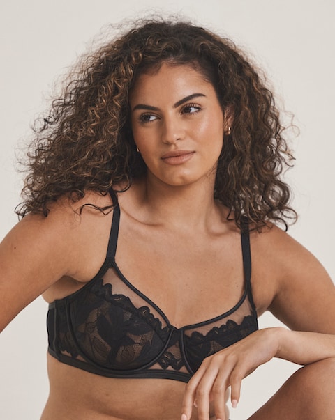 Pretty Secrets Leaf Lace Wired Balcony Bra Black