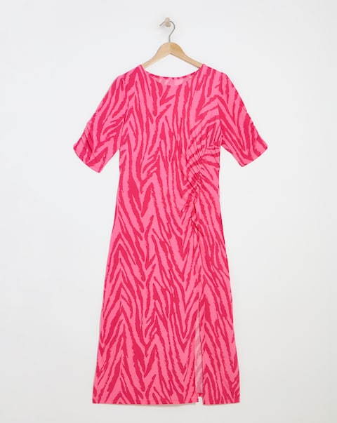 Pink Zebra Print Slinky Ruched Midi Dress