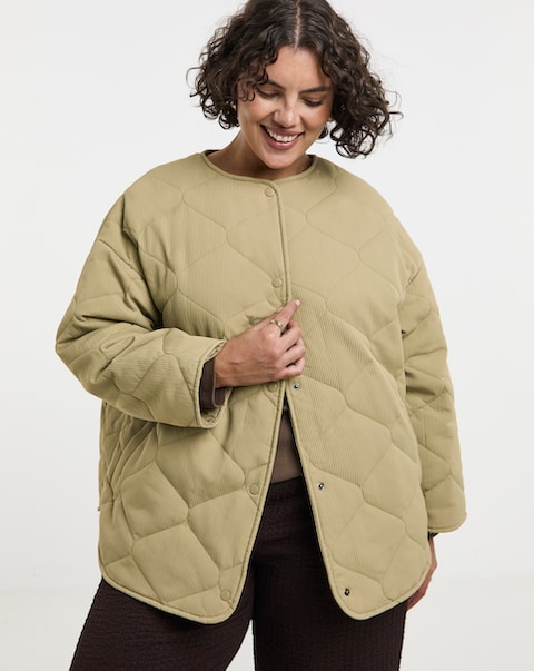 Simply Be Khaki Textured Quilted Round Collar Jacket
