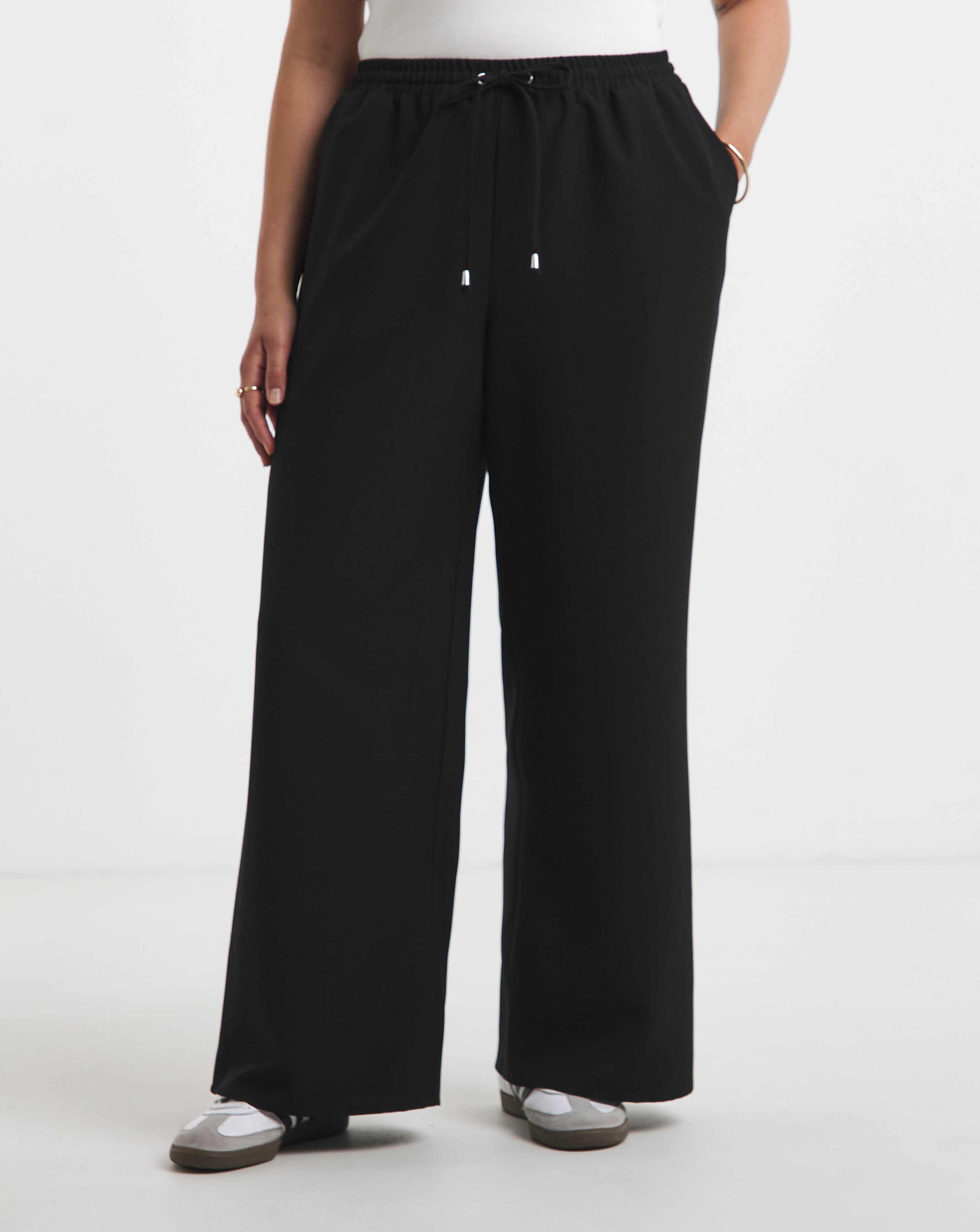 Black Drawcord Waist Relaxed Wide Leg Trousers | Simply Be