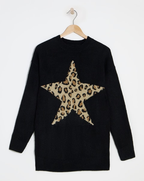 Simply Be Black Leopard Star Longline Jumper