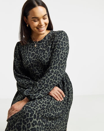 Simply Be Khaki Leopard Wafffle Dropped Hem Midi Dress