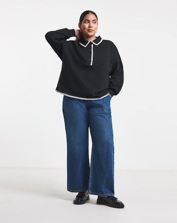 Simply Be Black Whipstitch Long Sleeve Polo Sweatshirt