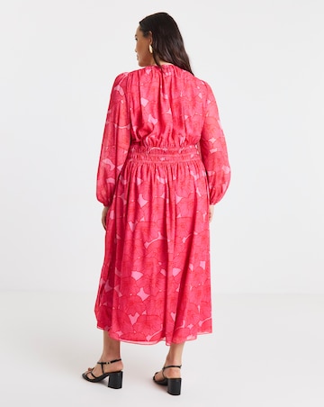 Pink Floral Printed Shirred Waist Detail Midi Dress