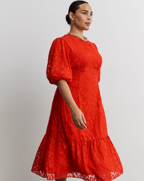 Joanna Hope Coral Burnout Bubble Sleeve Dress