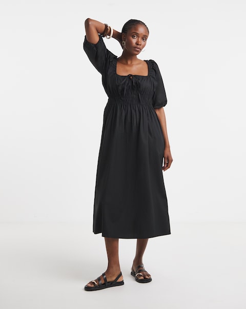 Simply Be Black Cotton Poplin Tie Front Midi Dress