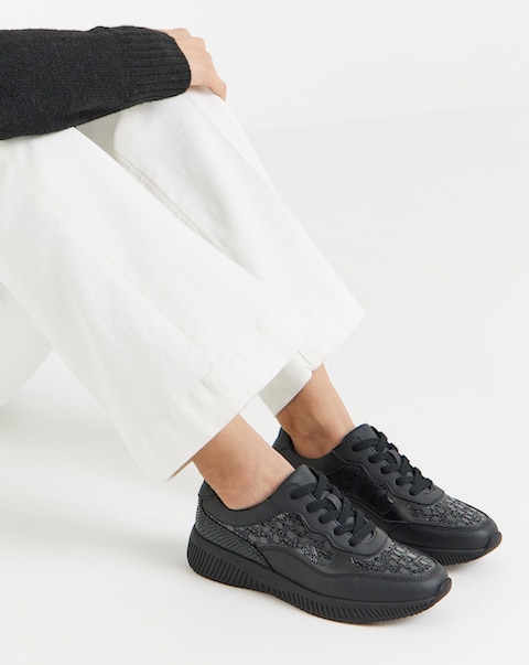 Heavenly Soles Rosetta Lace Up Patterned Leather Trainer - Extra Wide Fit (EEE)