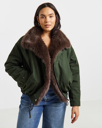 Dark Green Faux Fur Collar Parka Jacket