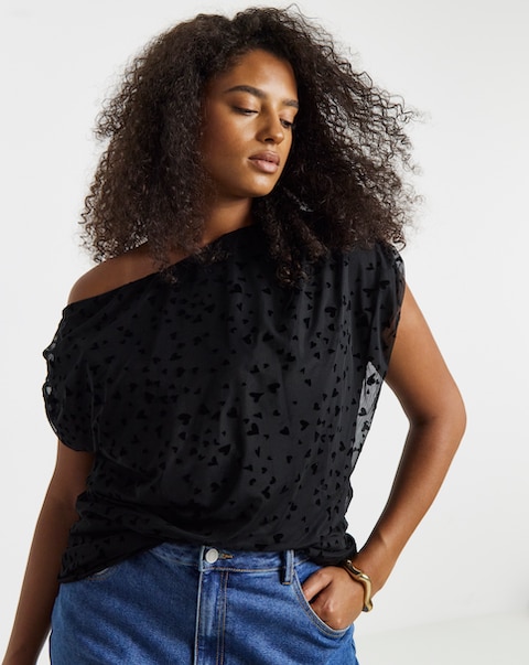 Simply Be Black Off The Shoulder Mesh Flock Top