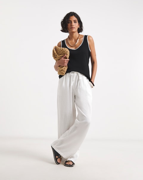 White Tie Waist Linen Wide Leg Trouser