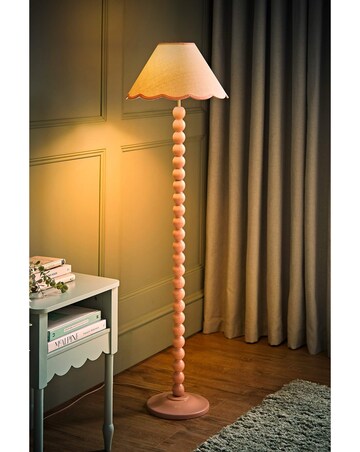 ValueLights Bobbles Rose Pink Bobbin Floor Lamp with Pink Trim Scallop Shade