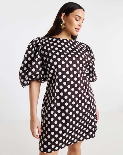 Spot Print Puff Sleeve Shift Dress