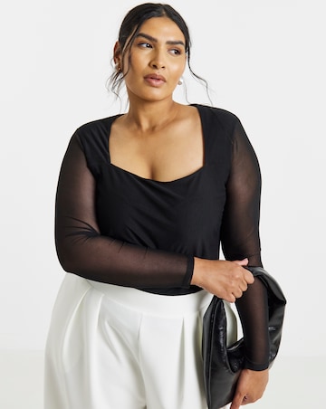 Simply Be Black Mesh Square Neck Long Sleeve Top