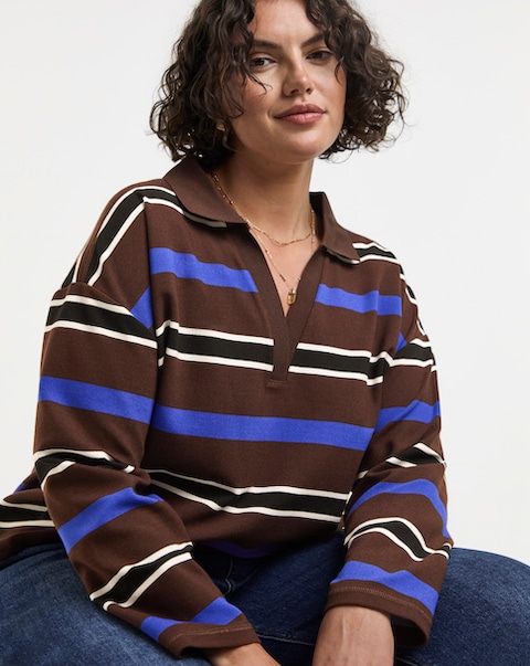 Simply Be Chocolate And Blue Thick Stripe Polo Top