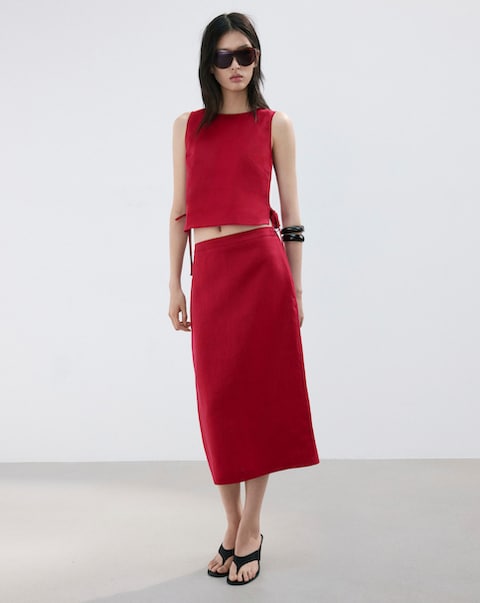 Mango Mid-Rise Linen Midi Skirt