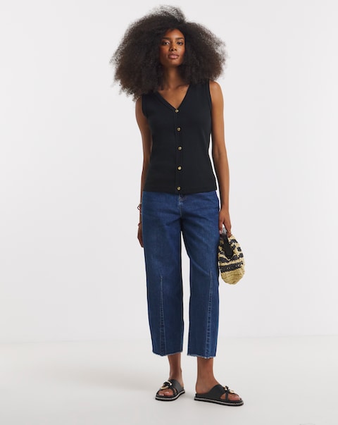 Simply Be Black Ribbed Button Through Vest