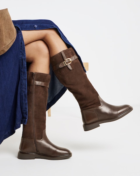 Zoe Leather Flat Knee High Riding Boots - Wide Fit (E) & Curvy Calf