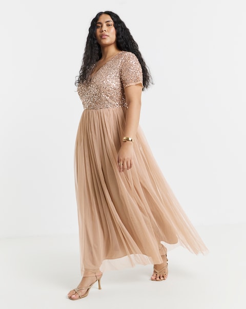 Maya Curve V-Neck Sequin Embellished Tulle Maxi Dress