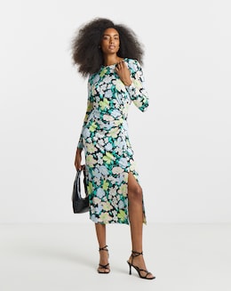 Floral Print Ruched Front Midi Dress - Image