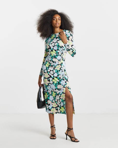 Floral Print Ruched Front Midi Dress