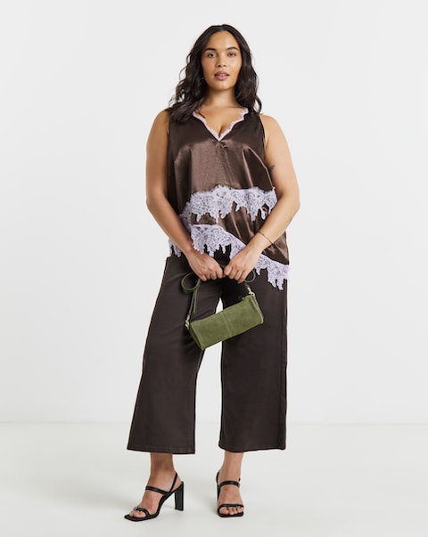 Simply Be Chocolate Satin Lace Trim Cami