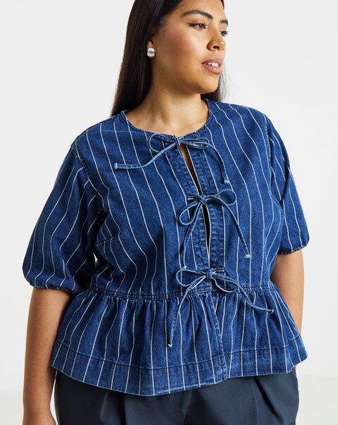 Simply Be Striped Blue Tie Front Denim Peplum Blouse