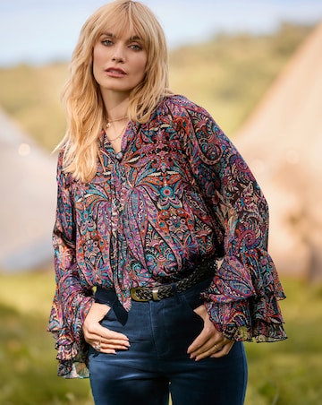 Joe Browns Boho Print Tie Neck Blouse With Ruffle Sleeve Detail