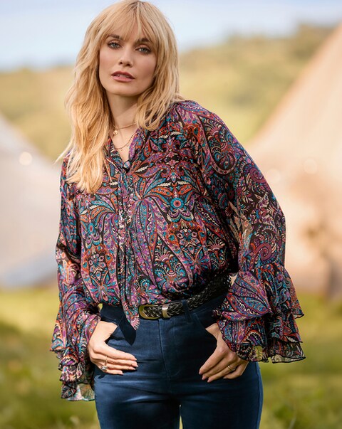 Joe Browns Boho Print Tie Neck Blouse With Ruffle Sleeve Detail