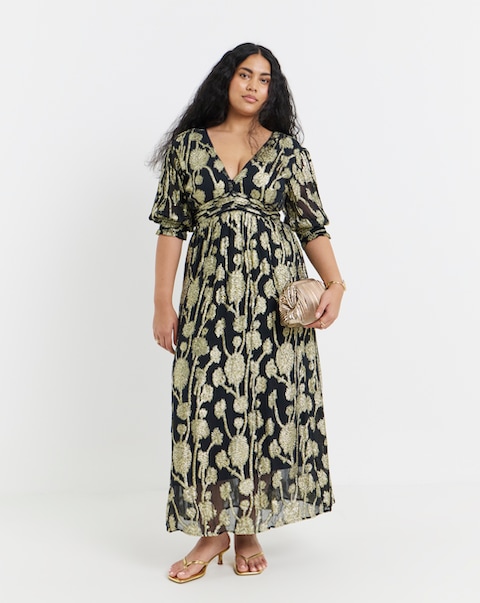 Simply Be Black and Gold Jacquard Maxi Dress