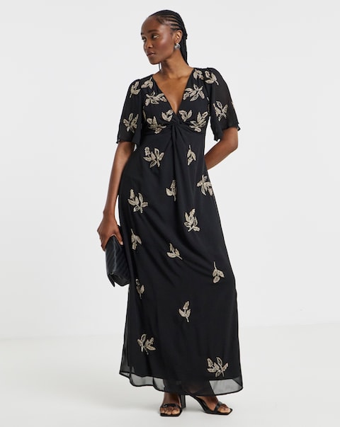 Maya Curve Twist Front Embellished Maxi Dress