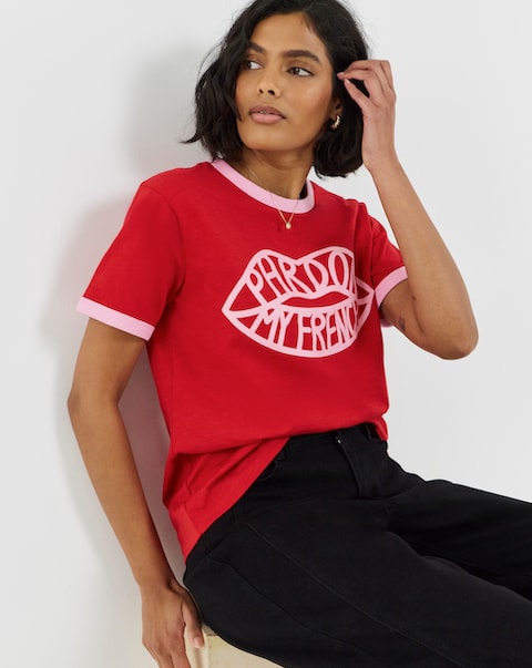 Simply Be Red And Pink Short Sleeve Ringer T-Shirt